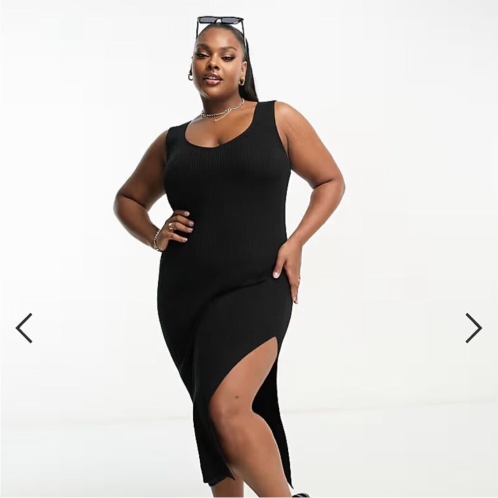 ASOS DESIGN Curve Ribbed Bodycon Tank midi dress black Size 14 sleeveless v neck